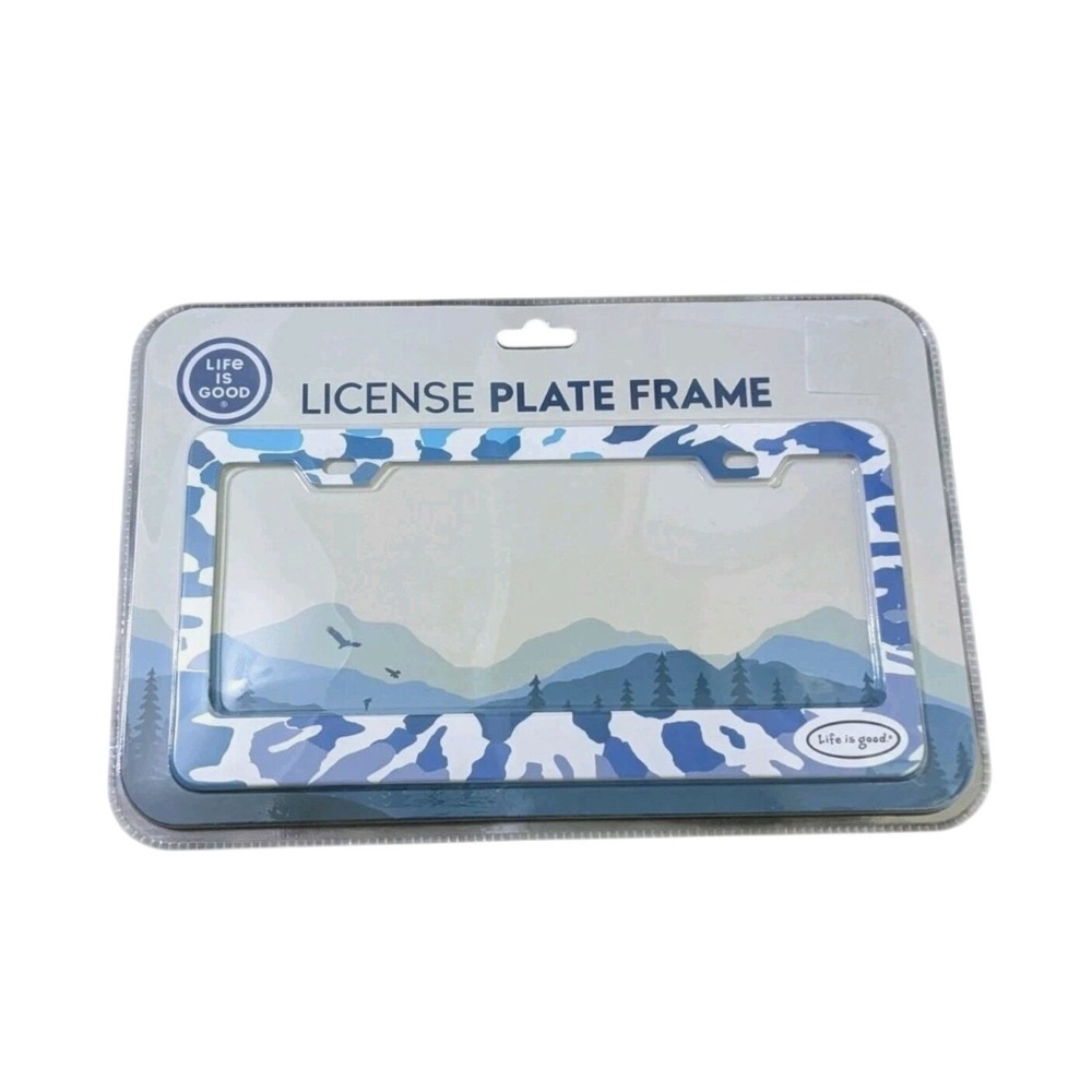Life is Good License Plate Frame Blue Mountain Camo Stainless Steel Nature New